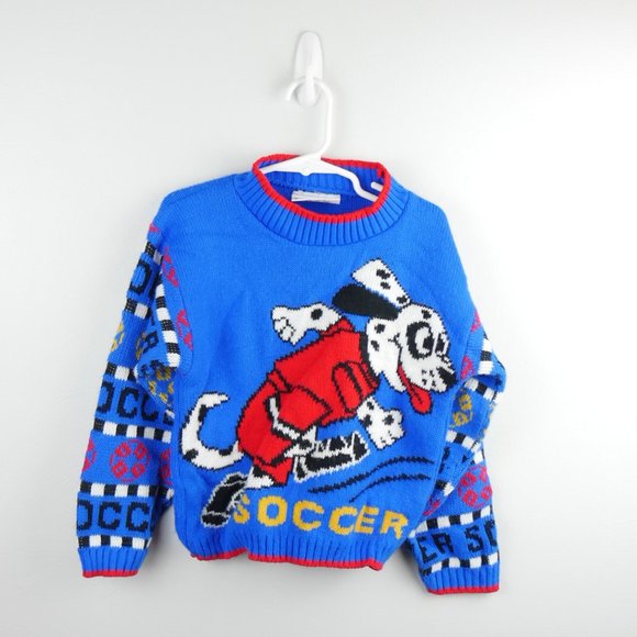 Vintage Hot Cashews Blue Red Dalmatian Playing Soccer Knit Crewneck Sweater 5 - Picture 1 of 8